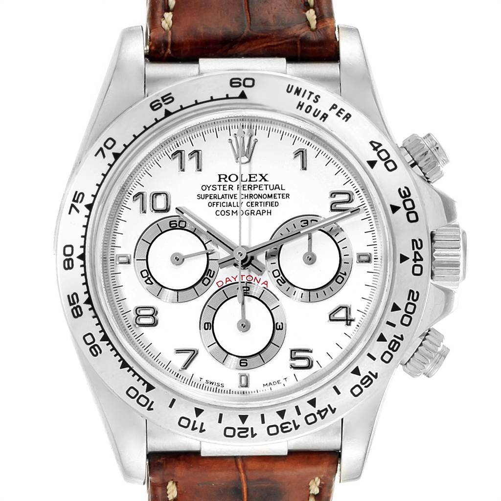 The image shows a front view of a Rolex Daytona 16519 Men
s White Gold White Dial 16519 Men
s White Gold White Dial watch with a leather strap, displaying its dial, bezel, and chronograph subdials.