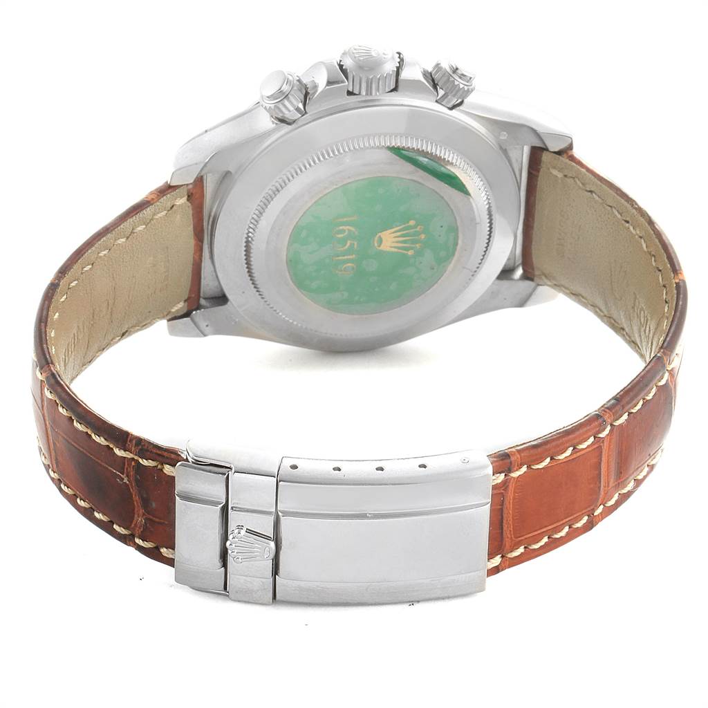 This image shows the back view of a Rolex Daytona 16519 Men
s White Gold White Dial 16519 Men
s White Gold White Dial watch, highlighting its case back, pushers, and leather strap with clasp.