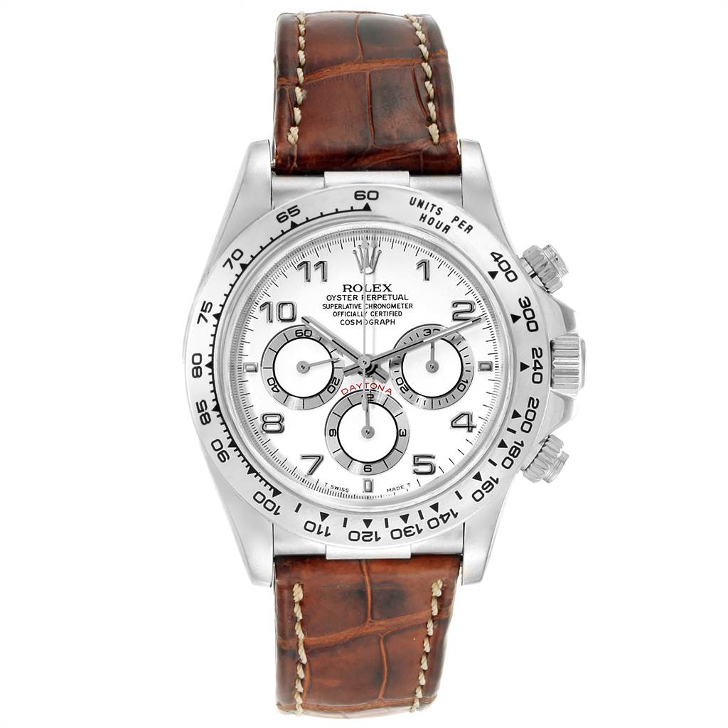 The image shows a front view of a Rolex Daytona 16519 Men
s White Gold White Dial 16519 Men
s White Gold White Dial watch with a white dial and brown leather strap.