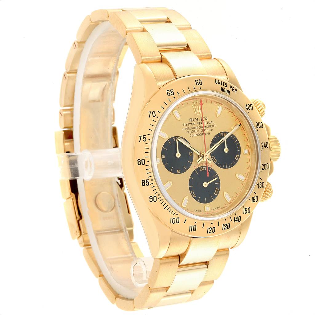 The image shows a side-angle view of the Rolex Daytona 116528 Men's Yellow Gold Champagne Dial 116528 Men's Yellow Gold Champagne Dial watch, highlighting its gold bracelet, bezel, and three subdials.