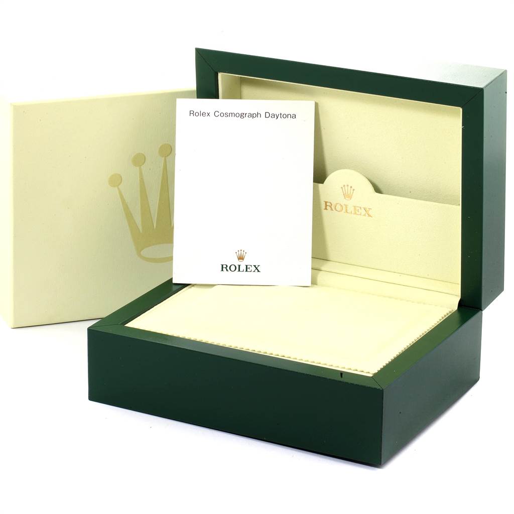 The image shows a Rolex Daytona 116528 Men's Yellow Gold Champagne Dial 116528 Men's Yellow Gold Champagne Dial watch box, Cartier, and manual from the front angle.