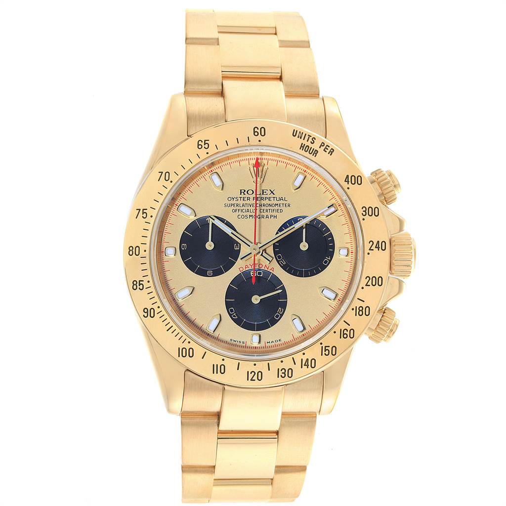 The image shows a front view of a Rolex Daytona 116528 Men's Yellow Gold Champagne Dial 116528 Men's Yellow Gold Champagne Dial watch, highlighting the dial, bezel, and bracelet.