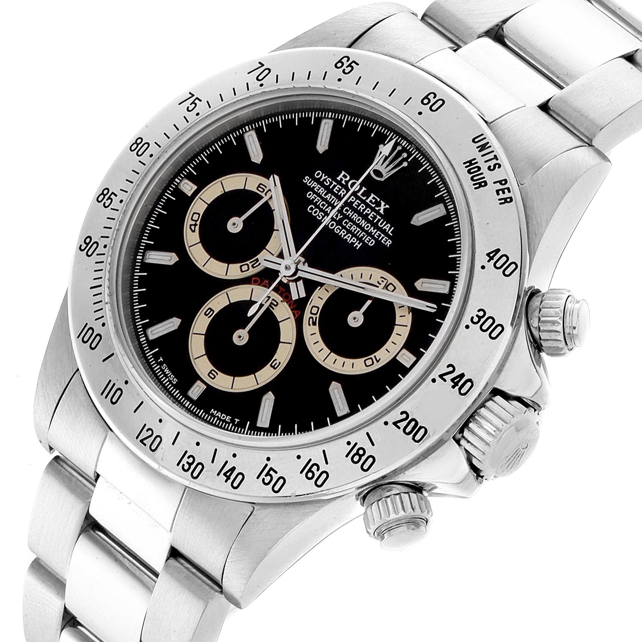 This image shows the face, bezel, and part of the bracelet of a Rolex Daytona 16520 Men's Stainless Steel Black Dial 16520 Men's Stainless Steel Black Dial watch at a slightly tilted angle.