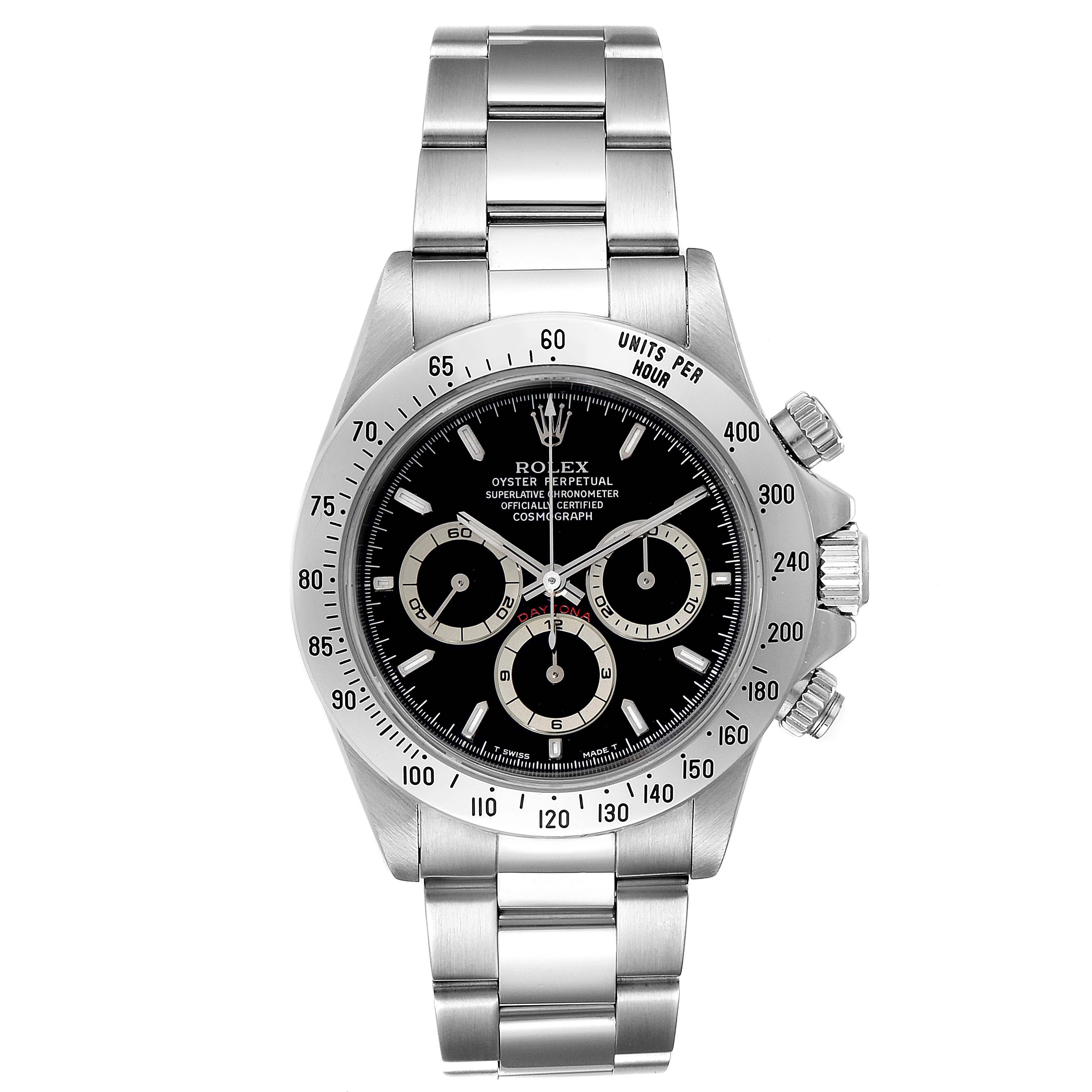 The image shows a front view of a Rolex Daytona 16520 Men's Stainless Steel Black Dial 16520 Men's Stainless Steel Black Dial watch, highlighting its black dial, three subdials, and stainless steel bracelet.