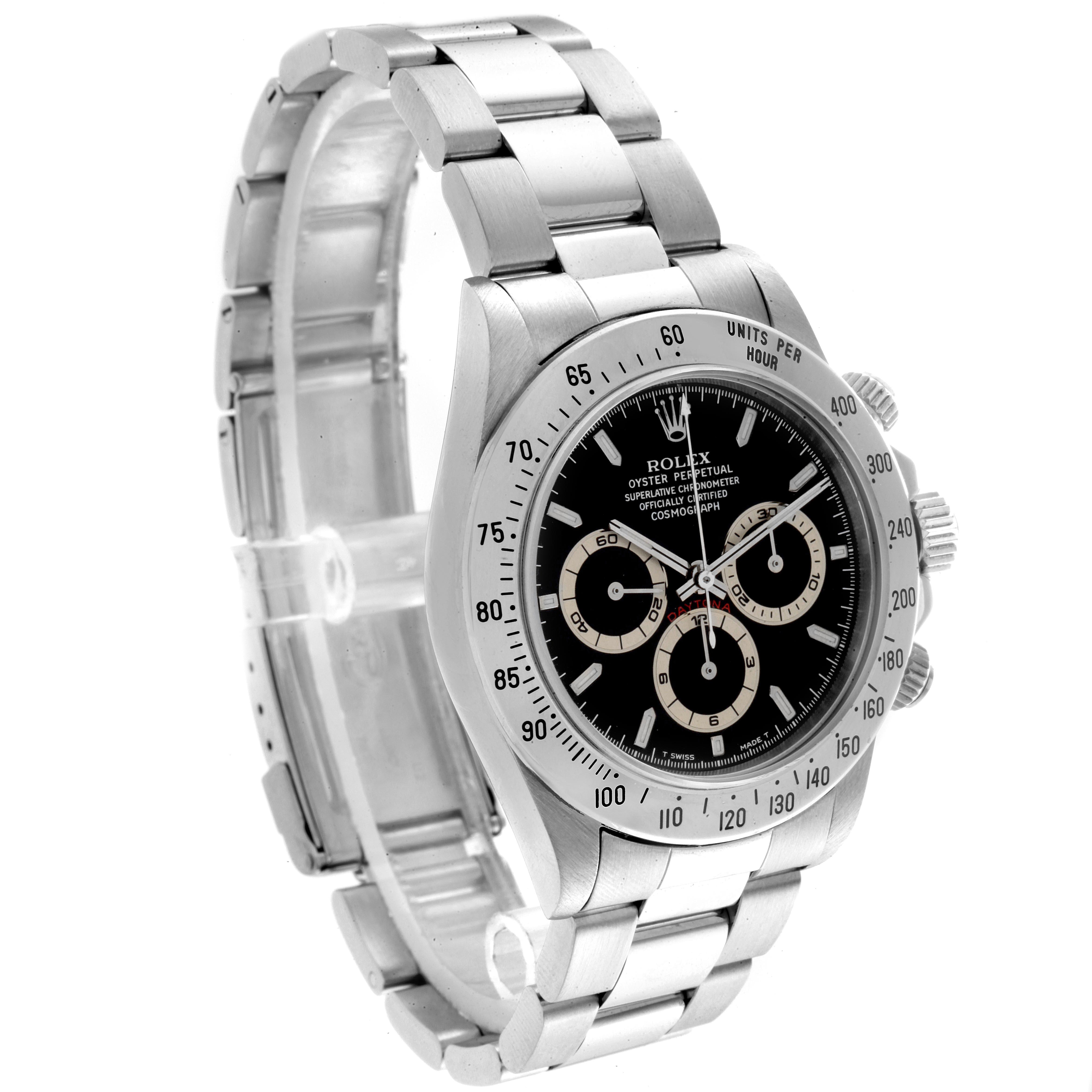 This image shows a Rolex Daytona 16520 Men's Stainless Steel Black Dial 16520 Men's Stainless Steel Black Dial watch angled from the front-left, displaying its bezel, dial, subdials, and bracelet.