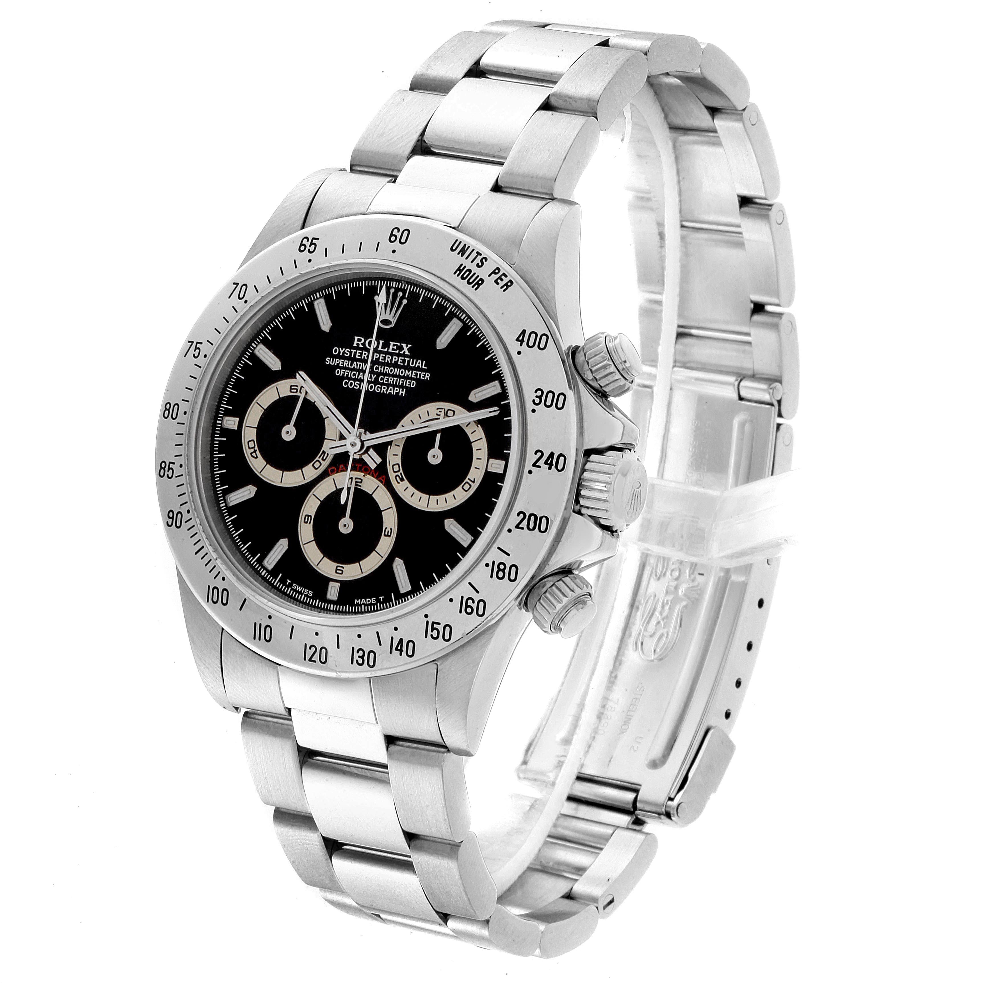 The image shows a Rolex Daytona 16520 Men's Stainless Steel Black Dial 16520 Men's Stainless Steel Black Dial watch from a front angle, highlighting its bezel, dial, subdials, and metal bracelet.
