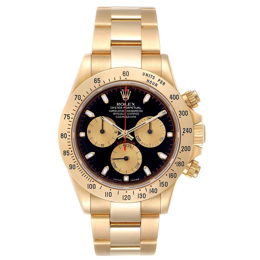 This image shows the front view of a gold Rolex Daytona 116528 Men's Yellow Gold Black Dial 116528 Men's Yellow Gold Black Dial watch, including its bezel, dial, subdials, and bracelet.