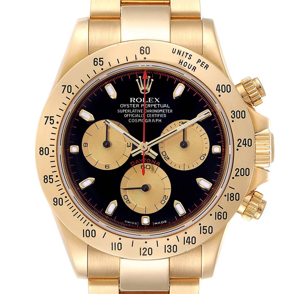The image shows a front view of the Rolex Daytona 116528 Men's Yellow Gold Black Dial 116528 Men's Yellow Gold Black Dial watch, detailing the dial, bezel, subdials, and crown.