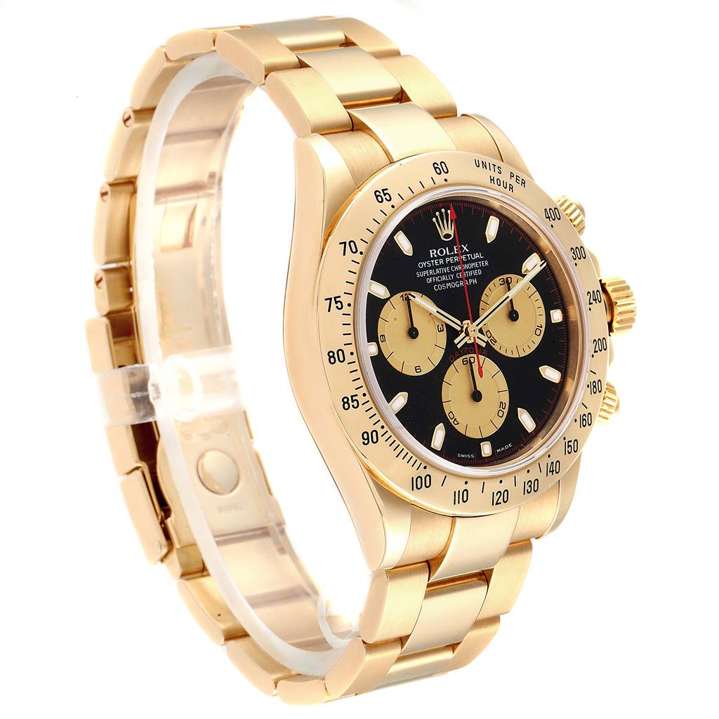 The Rolex Daytona 116528 Men's Yellow Gold Black Dial 116528 Men's Yellow Gold Black Dial watch is shown at a three-quarter angle, highlighting its gold bracelet, black dial, and three sub-dials.