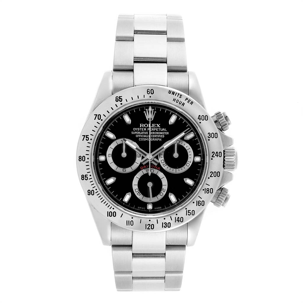 This Rolex Daytona 116520 Men
s Stainless Steel Black Dial 116520 Men
s Stainless Steel Black Dial watch is shown from a top-down angle, displaying the bezel, dial, chronograph sub-dials, and bracelet.