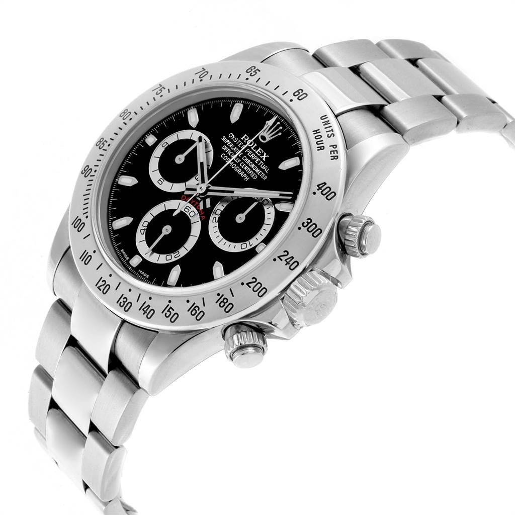 The Rolex Daytona 116520 Men
s Stainless Steel Black Dial 116520 Men
s Stainless Steel Black Dial watch is shown at an angle that highlights the face, bezel, crown, pushers, and part of the bracelet.