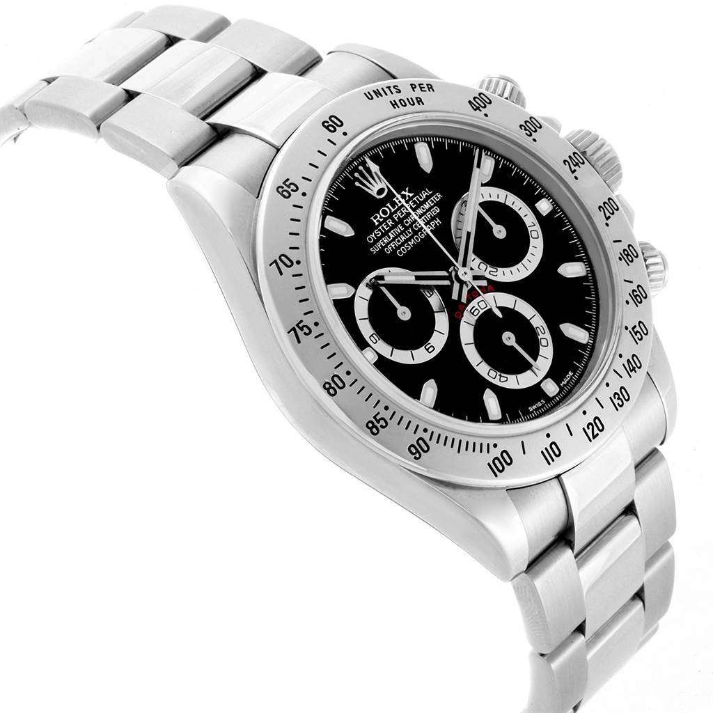 The image shows a side angle of the Rolex Daytona 116520 Men
s Stainless Steel Black Dial 116520 Men
s Stainless Steel Black Dial watch, highlighting the bezel, chronograph dials, and bracelet.