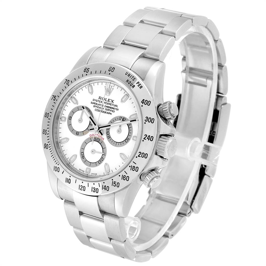 The Rolex Daytona 116520 Men's Stainless Steel White Dial 116520 Men's Stainless Steel White Dial watch is shown from a three-quarter angle highlighting its face, bezel, and bracelet.