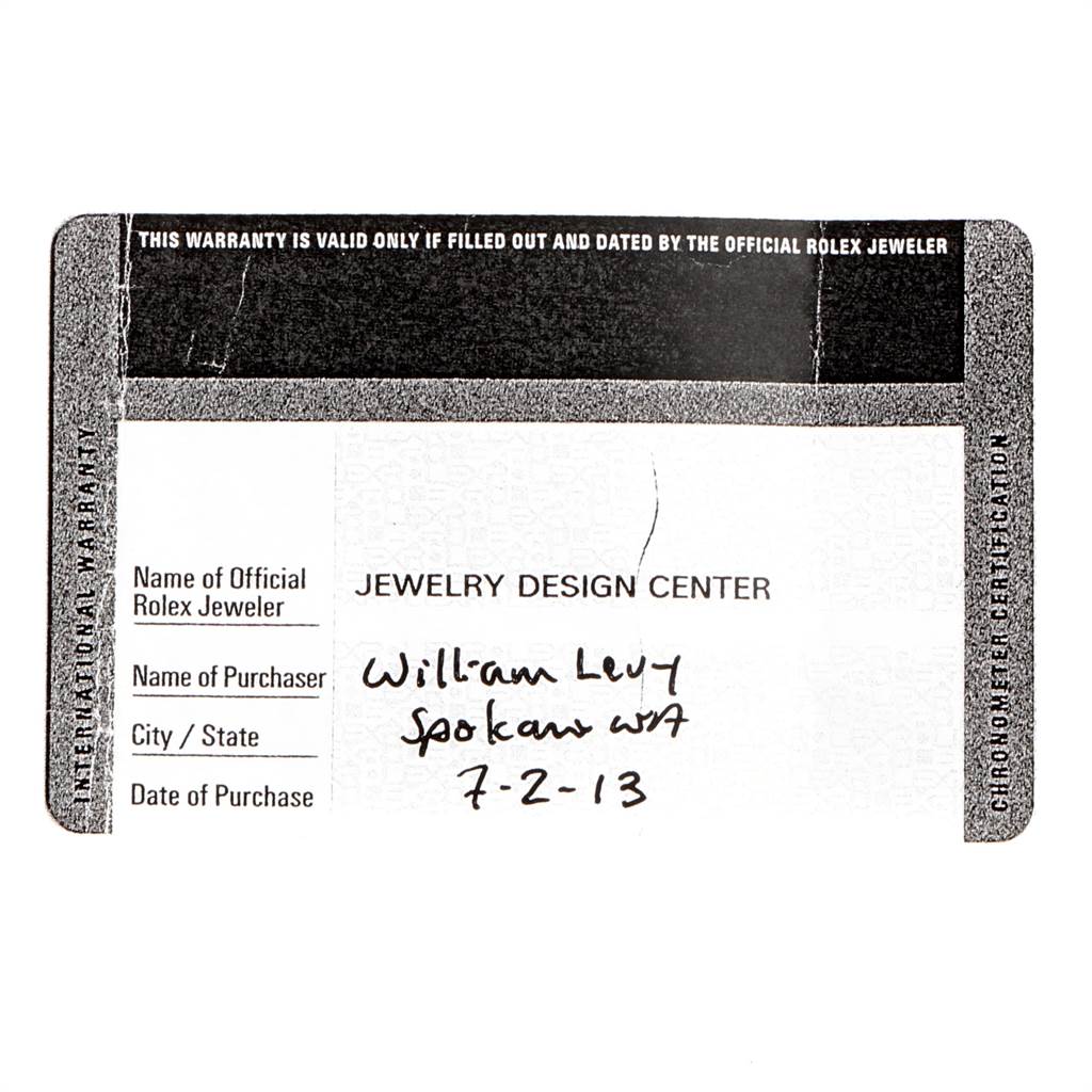 This image shows the warranty card for a Rolex Daytona 116520 Men's Stainless Steel Black Dial 116520 Men's Stainless Steel Black Dial watch, including details like the jeweler, purchaser, and purchase date.