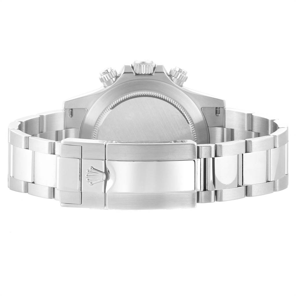 The image shows the back view of a Rolex Daytona 116520 Men's Stainless Steel Black Dial 116520 Men's Stainless Steel Black Dial watch, focusing on the clasp and part of the bracelet.