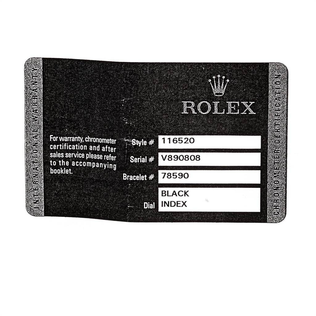 This is a warranty card for a Rolex Daytona 116520 Men's Stainless Steel Black Dial 116520 Men's Stainless Steel Black Dial 116520 model, detailing style, serial, bracelet numbers, and the dial type (black index).