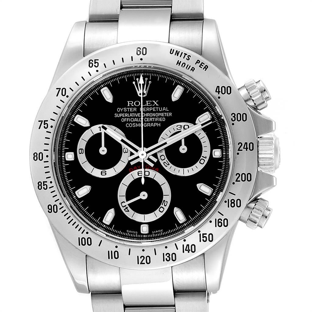 This image shows a front view of the Rolex Daytona 116520 Men's Stainless Steel Black Dial 116520 Men's Stainless Steel Black Dial watch, highlighting its dial, bezel, and chronograph subdials.