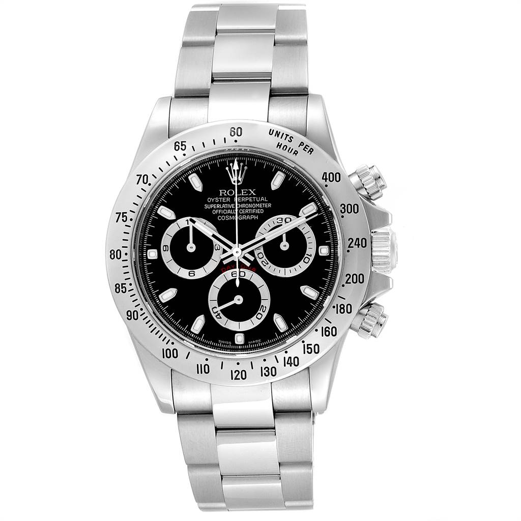 The image shows a front view of a Rolex Daytona 116520 Men's Stainless Steel Black Dial 116520 Men's Stainless Steel Black Dial watch, displaying the face, bezel, and bracelet.