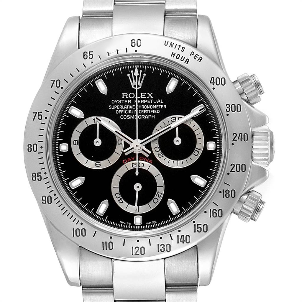 The Rolex Daytona 116520 Men's Stainless Steel Black Dial 116520 Men's Stainless Steel Black Dial watch is shown from the front, displaying its dial, bezel, crown, and chronograph pushers.