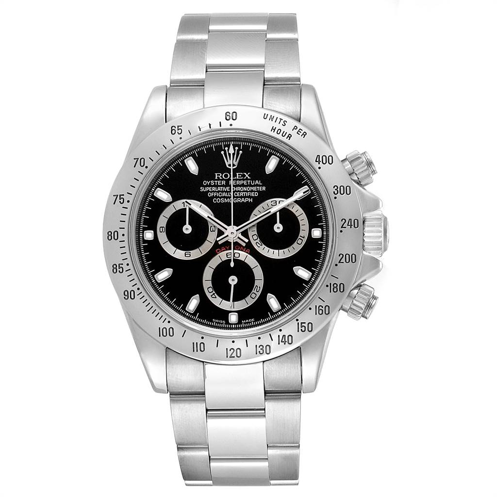 This image shows a front view of a Rolex Daytona 116520 Men's Stainless Steel Black Dial 116520 Men's Stainless Steel Black Dial watch, highlighting its dial, sub-dials, bezel, and stainless steel bracelet.