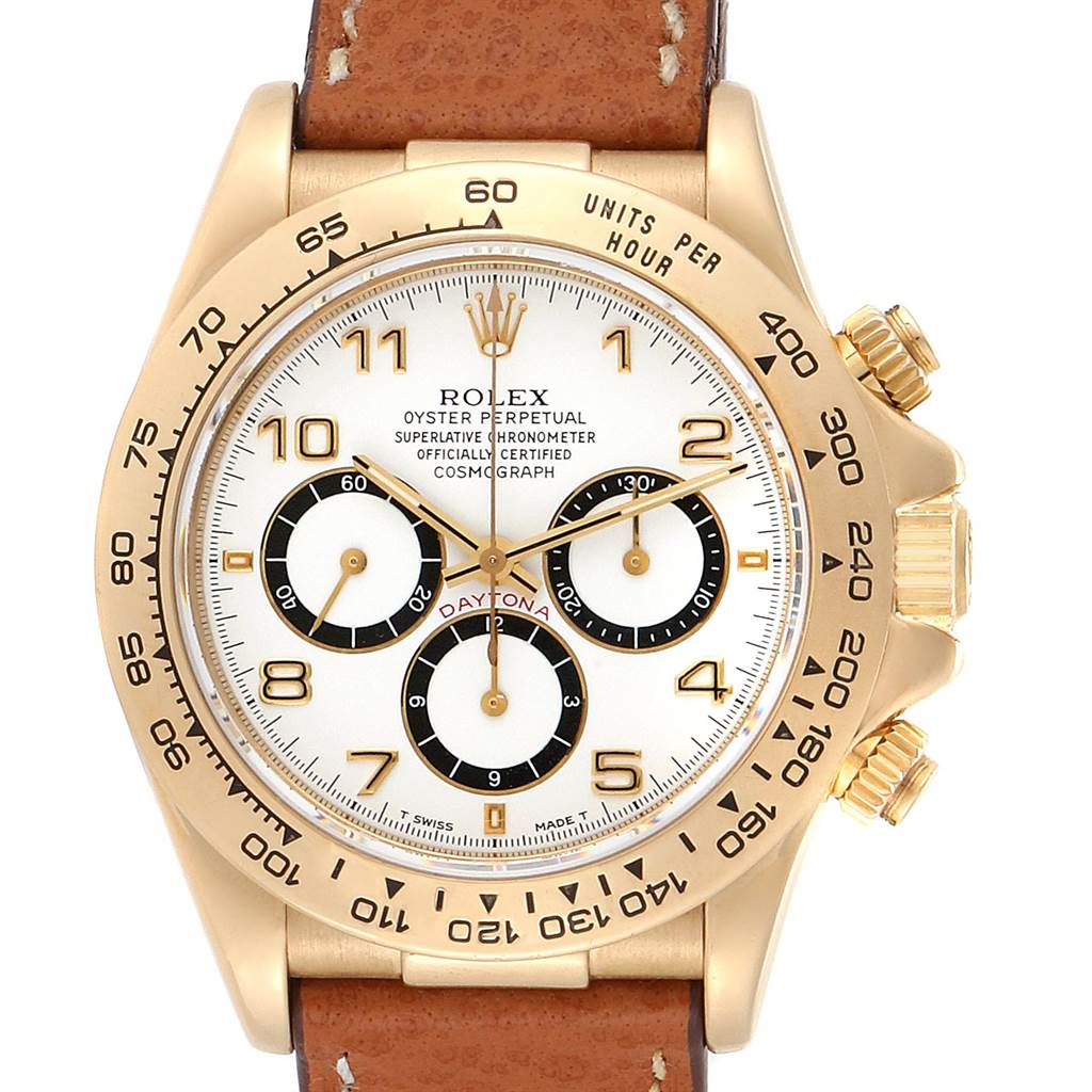 This image shows a front view of a Rolex Daytona 16518 Men's Yellow Gold White Dial 16518 Men's Yellow Gold White Dial watch with a gold bezel and brown leather strap.