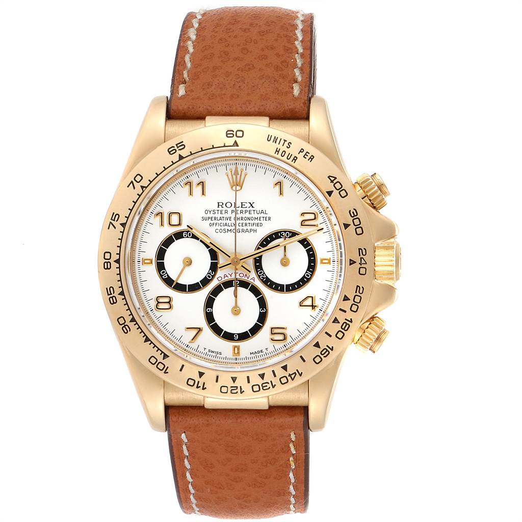 This image shows a front view of a Rolex Daytona 16518 Men's Yellow Gold White Dial 16518 Men's Yellow Gold White Dial watch with a gold case, white dial, and brown leather strap.