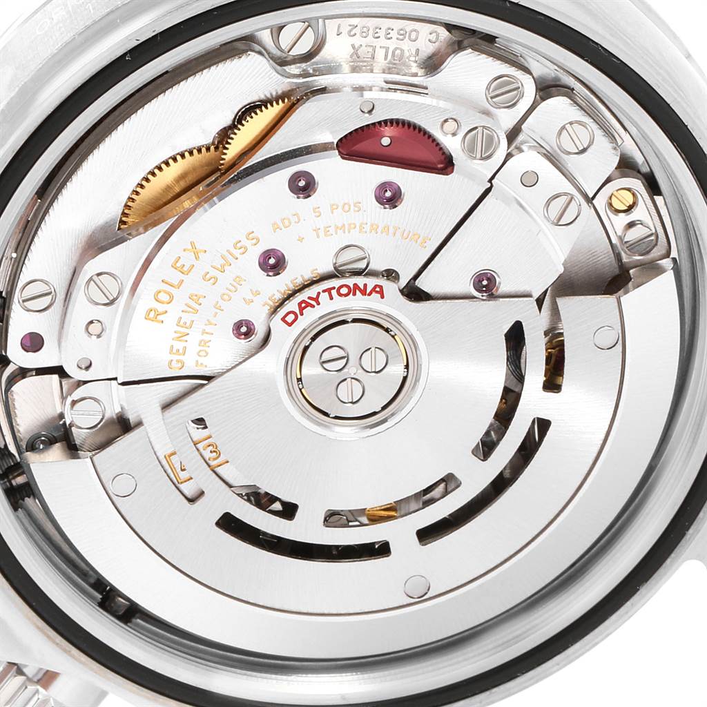 This image shows the intricate mechanism of a Rolex Daytona 116520 Men's Stainless Steel Black Dial 116520 Men's Stainless Steel Black Dial watch, viewed from the back, revealing the movement and inner components.