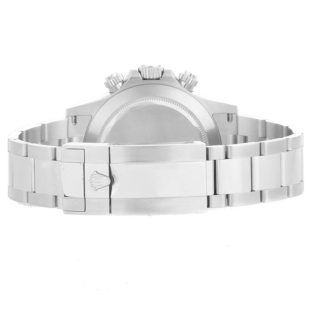 The image shows the back view of a Rolex Daytona 116520 Men's Stainless Steel Black Dial 116520 Men's Stainless Steel Black Dial watch, including the case back and part of the bracelet with the clasp visible.