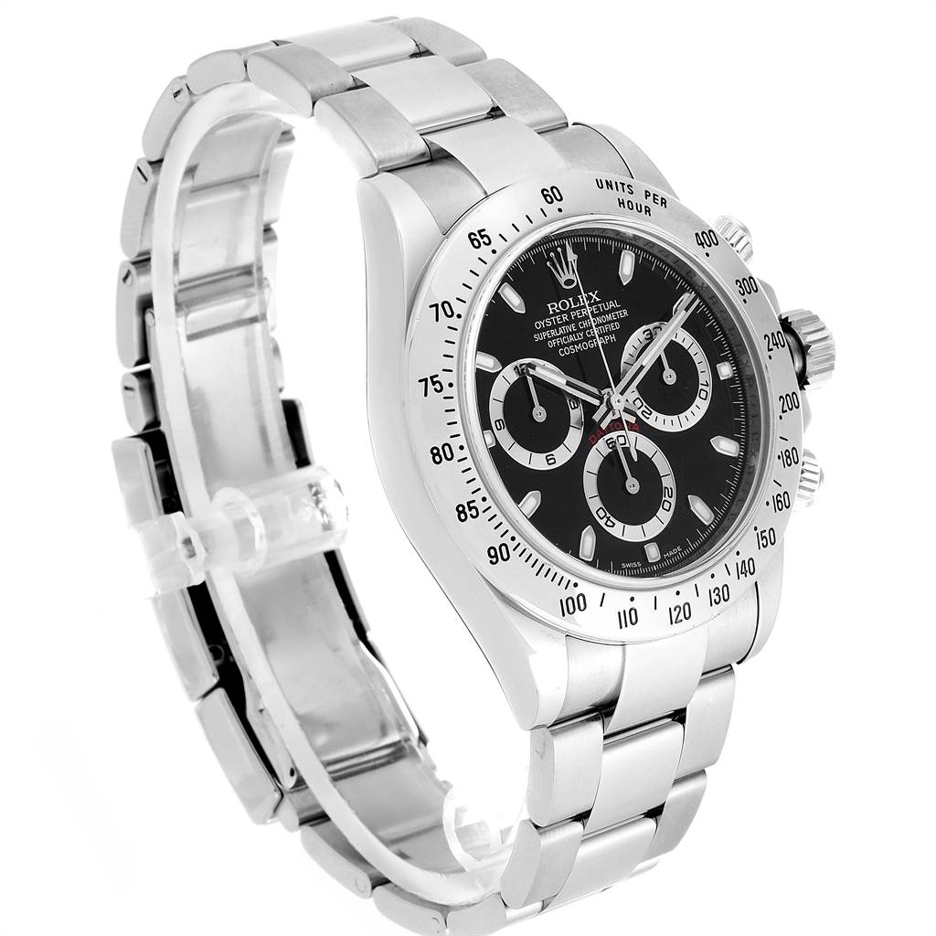 The Rolex Daytona 116520 Men's Stainless Steel Black Dial 116520 Men's Stainless Steel Black Dial watch is shown at a three-quarter angle, highlighting the bezel, case, dial, and bracelet.