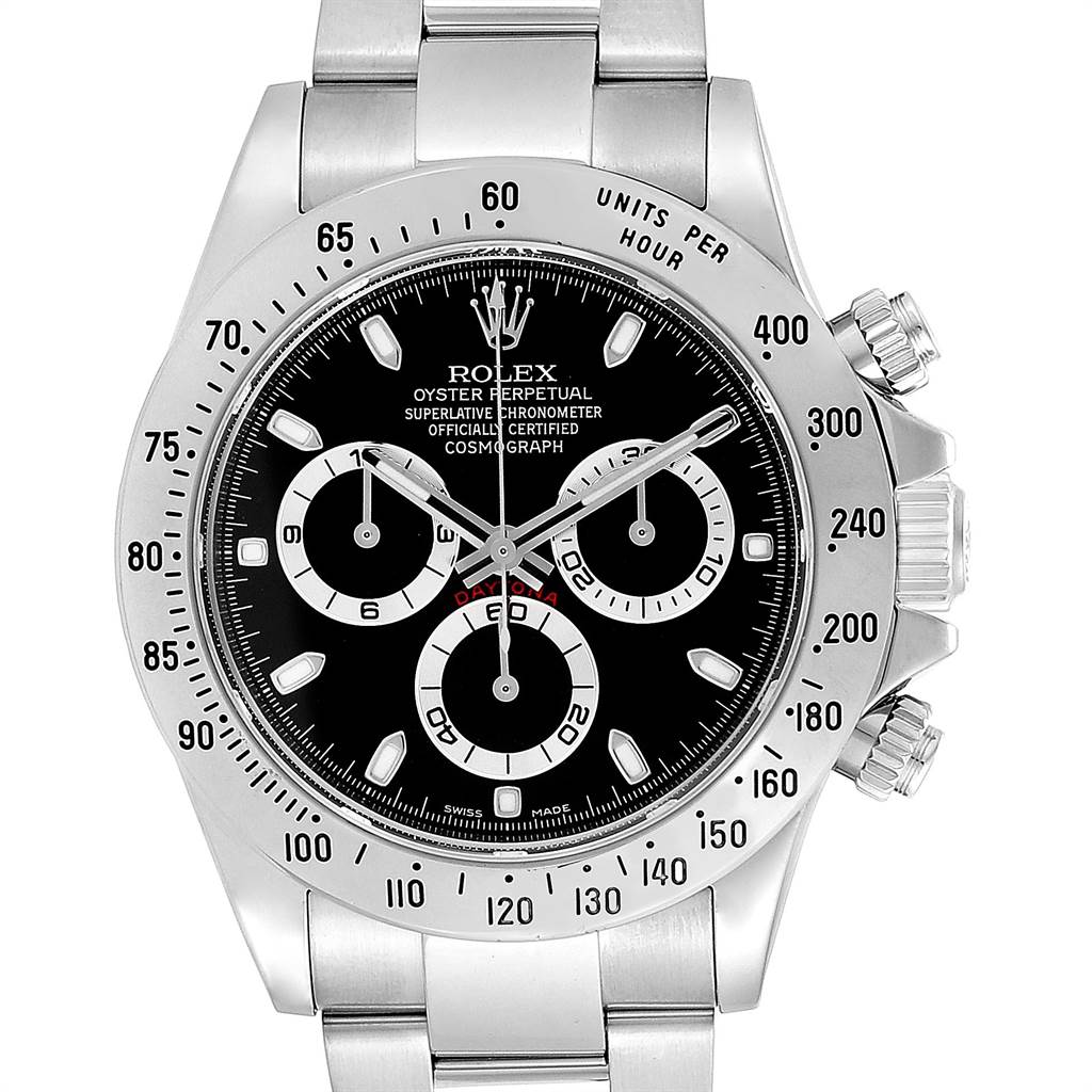 This image shows a front view of a Rolex Daytona 116520 Men's Stainless Steel Black Dial 116520 Men's Stainless Steel Black Dial watch, highlighting the dial, subdials, bezel, and bracelet.