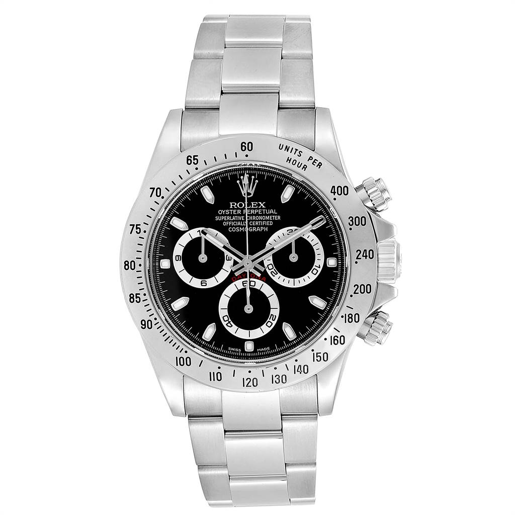This image shows a frontal view of a Rolex Daytona 116520 Men's Stainless Steel Black Dial 116520 Men's Stainless Steel Black Dial watch, highlighting its black dial, bezel, and stainless steel bracelet.