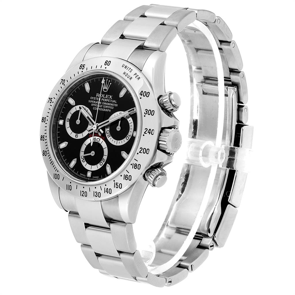 The image shows a side angle of a Rolex Daytona 116520 Men's Stainless Steel Black Dial 116520 Men's Stainless Steel Black Dial watch, highlighting the black dial, bezel, chronograph pushers, and steel bracelet.