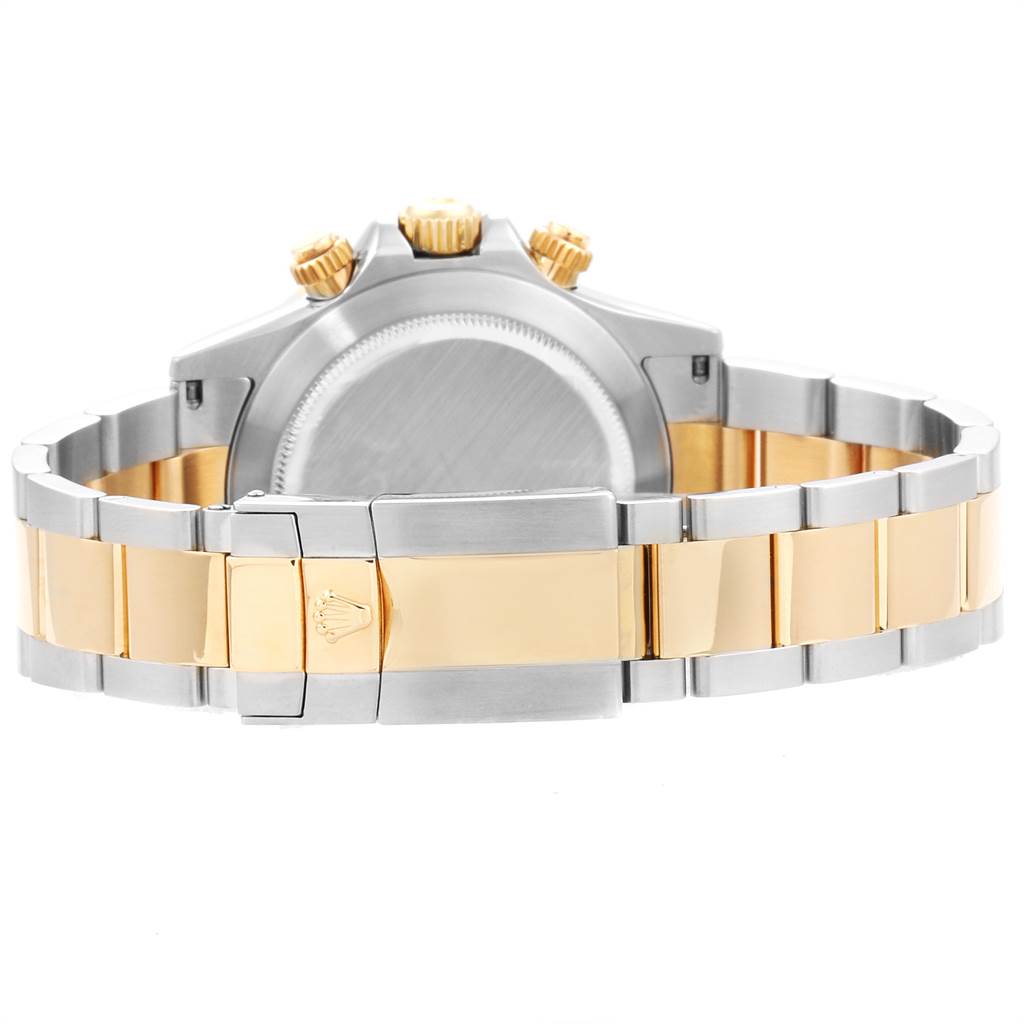 The image shows the back and clasp of a Rolex Daytona 116523 Men's Steel and Gold (two tone) Grey Dial 116523 Men's Steel and Gold (two tone) Grey Dial watch, highlighting the bracelet and crown logo.