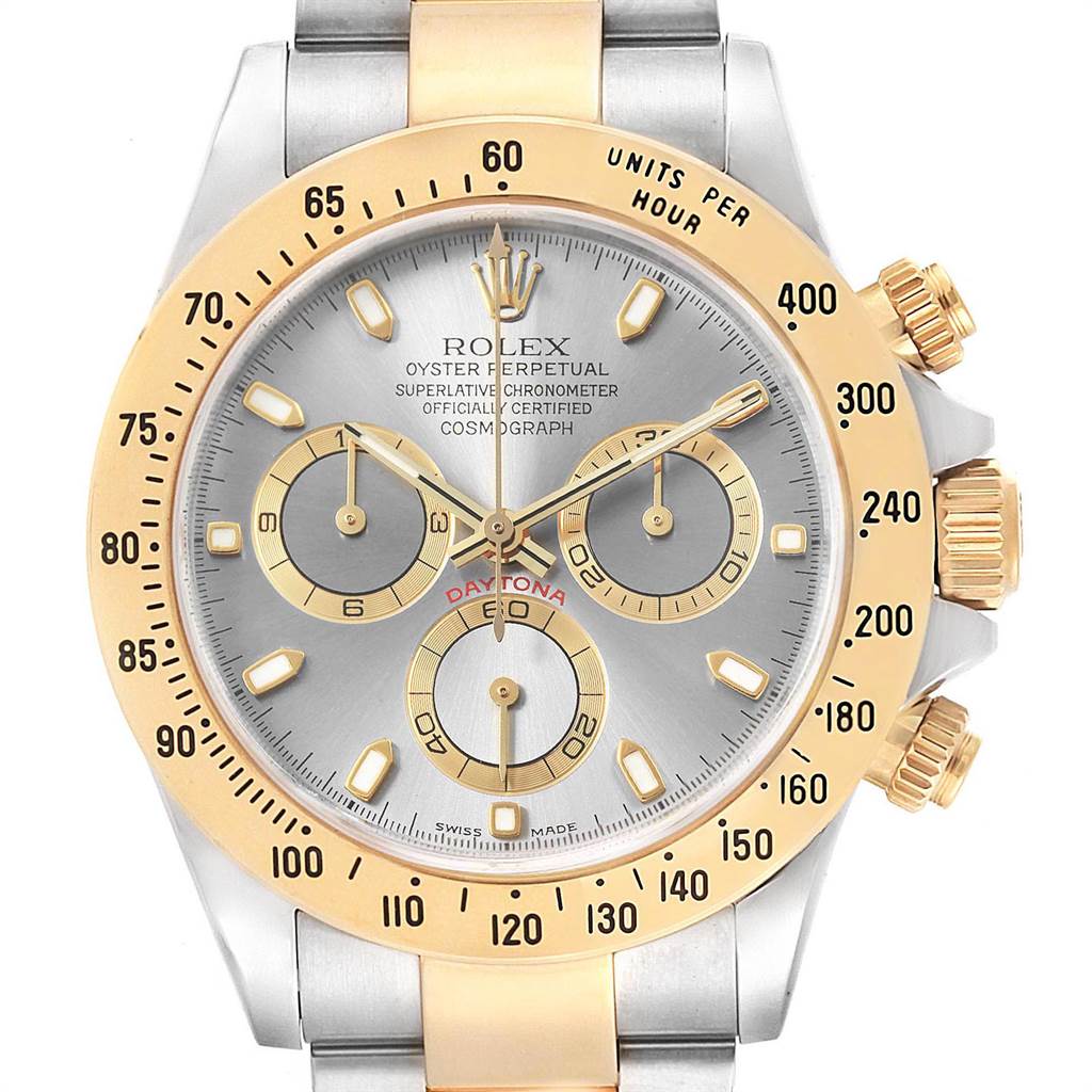 The image shows a front view of a Rolex Daytona 116523 Men's Steel and Gold (two tone) Grey Dial 116523 Men's Steel and Gold (two tone) Grey Dial watch, featuring its gold bezel, chronograph dials, and pushers.