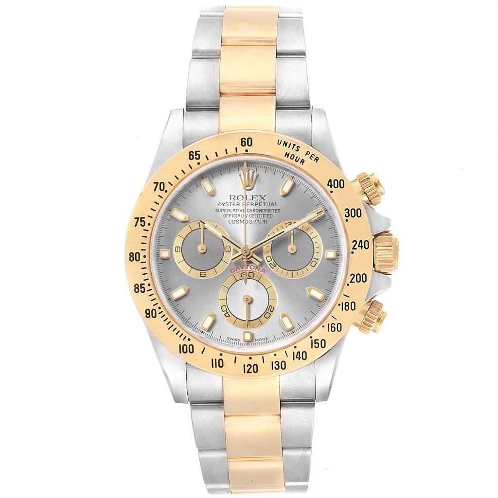 The image shows a full frontal view of the Rolex Daytona 116523 Men's Steel and Gold (two tone) Grey Dial 116523 Men's Steel and Gold (two tone) Grey Dial watch, highlighting the dial, bezel, and bracelet.