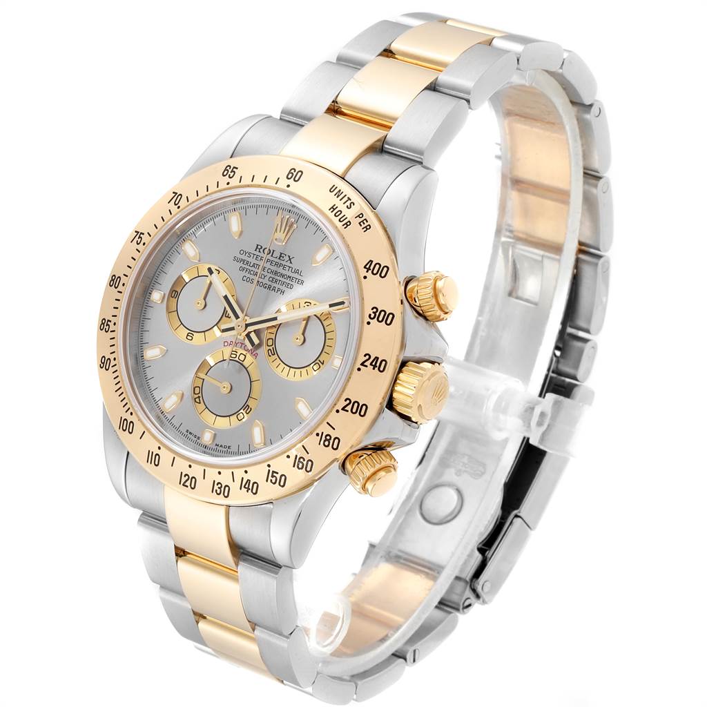 This image shows a Rolex Daytona 116523 Men's Steel and Gold (two tone) Grey Dial 116523 Men's Steel and Gold (two tone) Grey Dial front angle, highlighting the dial, bezel, bracelet, and chronograph buttons.
