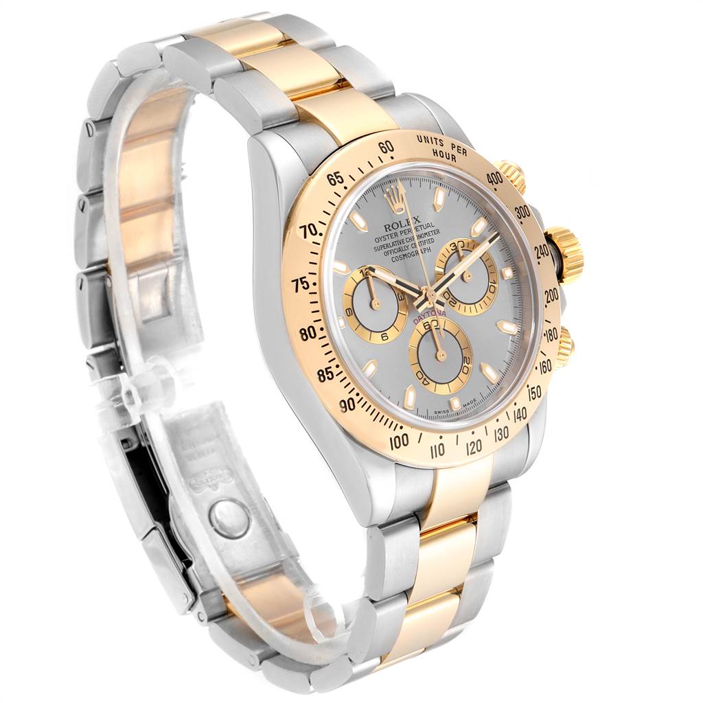 The image displays a side and partial front view of a Rolex Daytona 116523 Men's Steel and Gold (two tone) Grey Dial 116523 Men's Steel and Gold (two tone) Grey Dial model watch, showcasing its face, bezel, and bracelet.