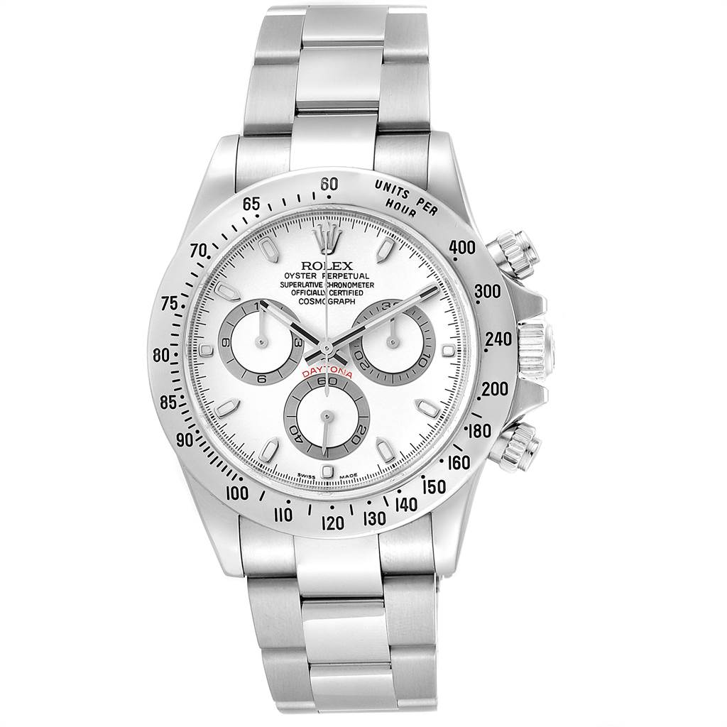 The Rolex Daytona 116520 Men's Stainless Steel White Dial 116520 Men's Stainless Steel White Dial watch is shown from a front angle, displaying its dial, bezel, and bracelet.