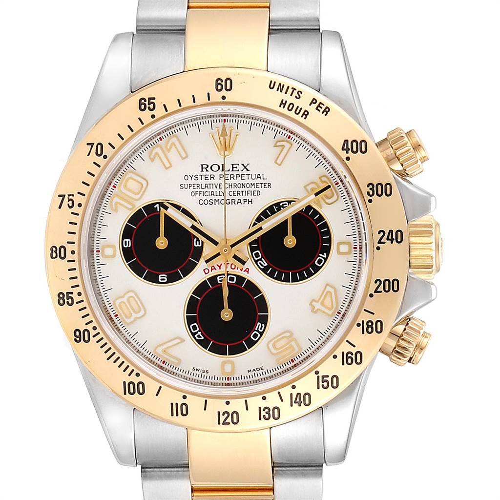 The image shows a frontal view of the Rolex Daytona 116523 Men's Steel and Gold (two tone) White Dial 116523 Men's Steel and Gold (two tone) White Dial watch, highlighting its dial, bezel, and two-tone bracelet.