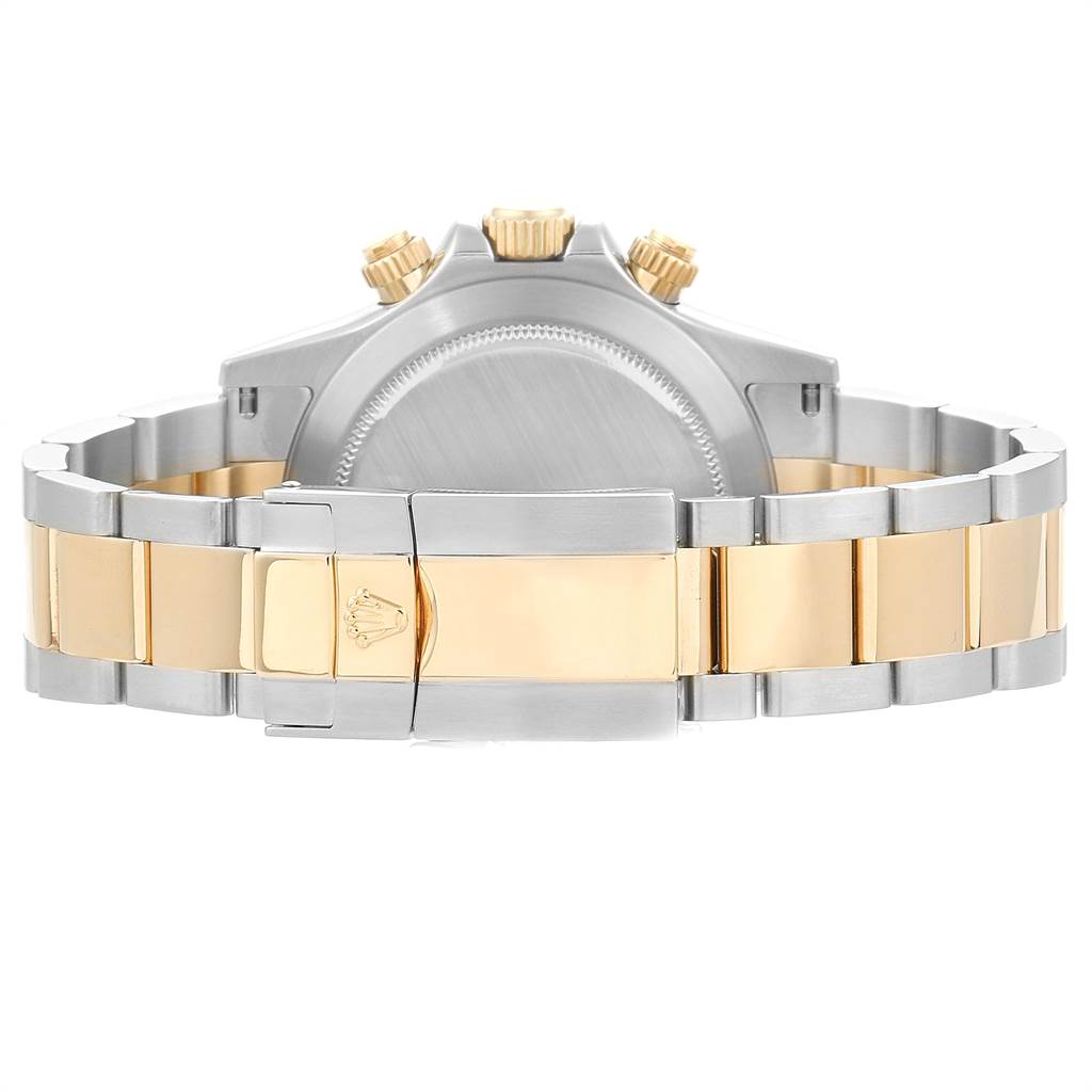 This image shows the back and clasp of the Rolex Daytona 116523 Men's Steel and Gold (two tone) White Dial 116523 Men's Steel and Gold (two tone) White Dial watch, featuring a two-tone bracelet.