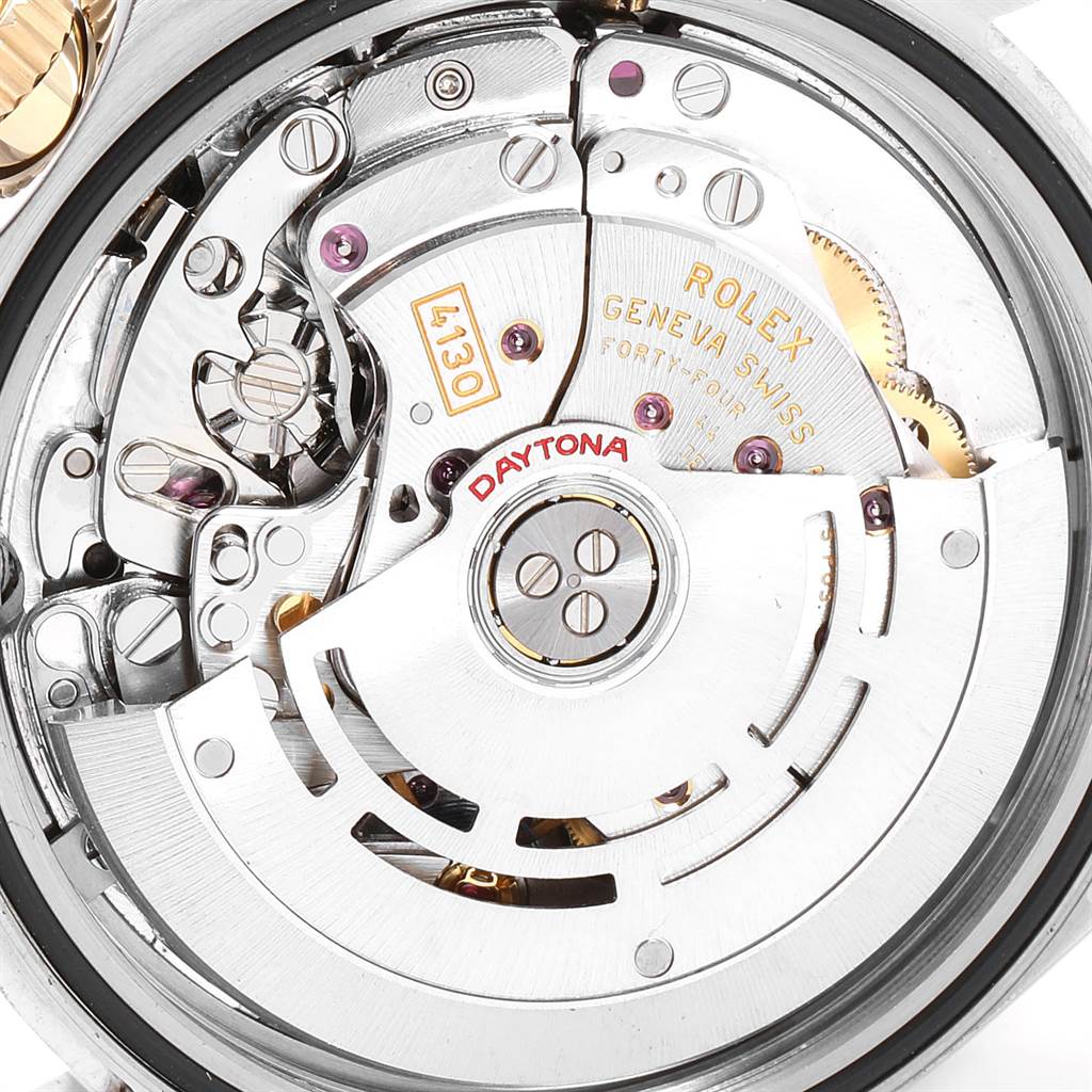 This image shows the detailed view of the movement mechanism of a Rolex Daytona 116523 Men's Steel and Gold (two tone) White Dial 116523 Men's Steel and Gold (two tone) White Dial model watch.