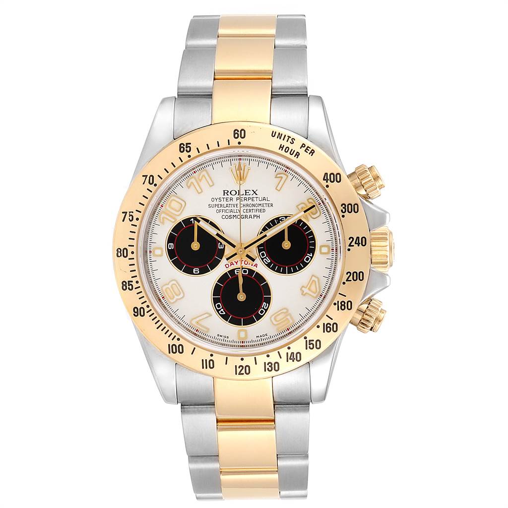 This image shows a front view of a Rolex Daytona 116523 Men's Steel and Gold (two tone) White Dial 116523 Men's Steel and Gold (two tone) White Dial watch, highlighting its dial, bezel, and two-tone bracelet.