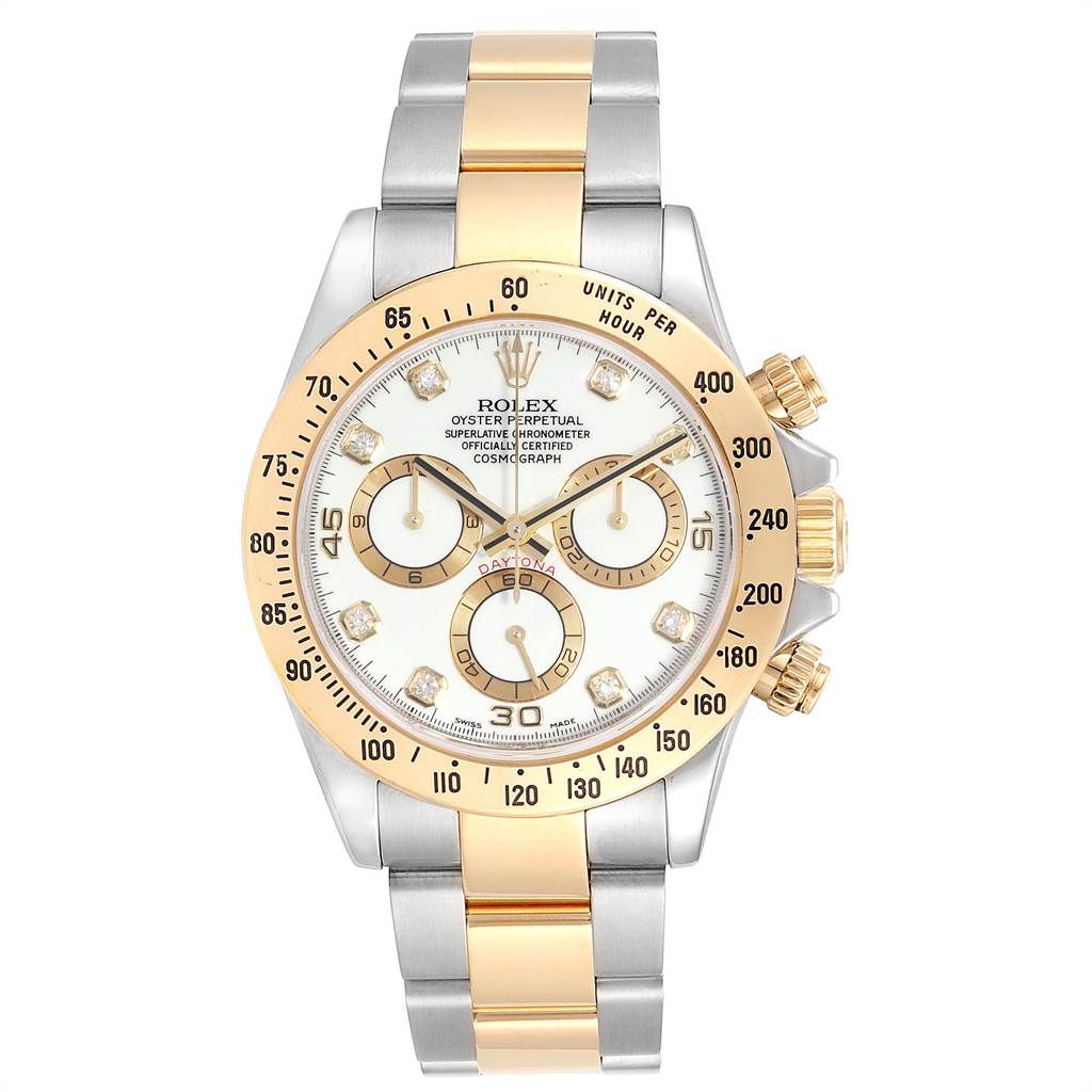 This image shows a front view of a Rolex Daytona 116523 Men's Steel and Gold (two tone) White Dial 116523 Men's Steel and Gold (two tone) White Dial watch with a gold and silver bracelet and a white dial with gold accents.