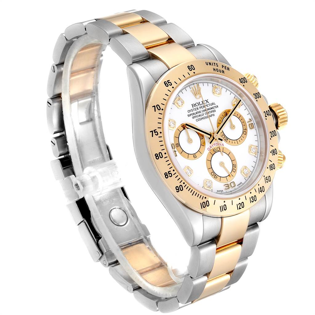 The Rolex Daytona 116523 Men's Steel and Gold (two tone) White Dial 116523 Men's Steel and Gold (two tone) White Dial watch is shown at a three-quarter angle, highlighting its dial, bezel, and bracelet.