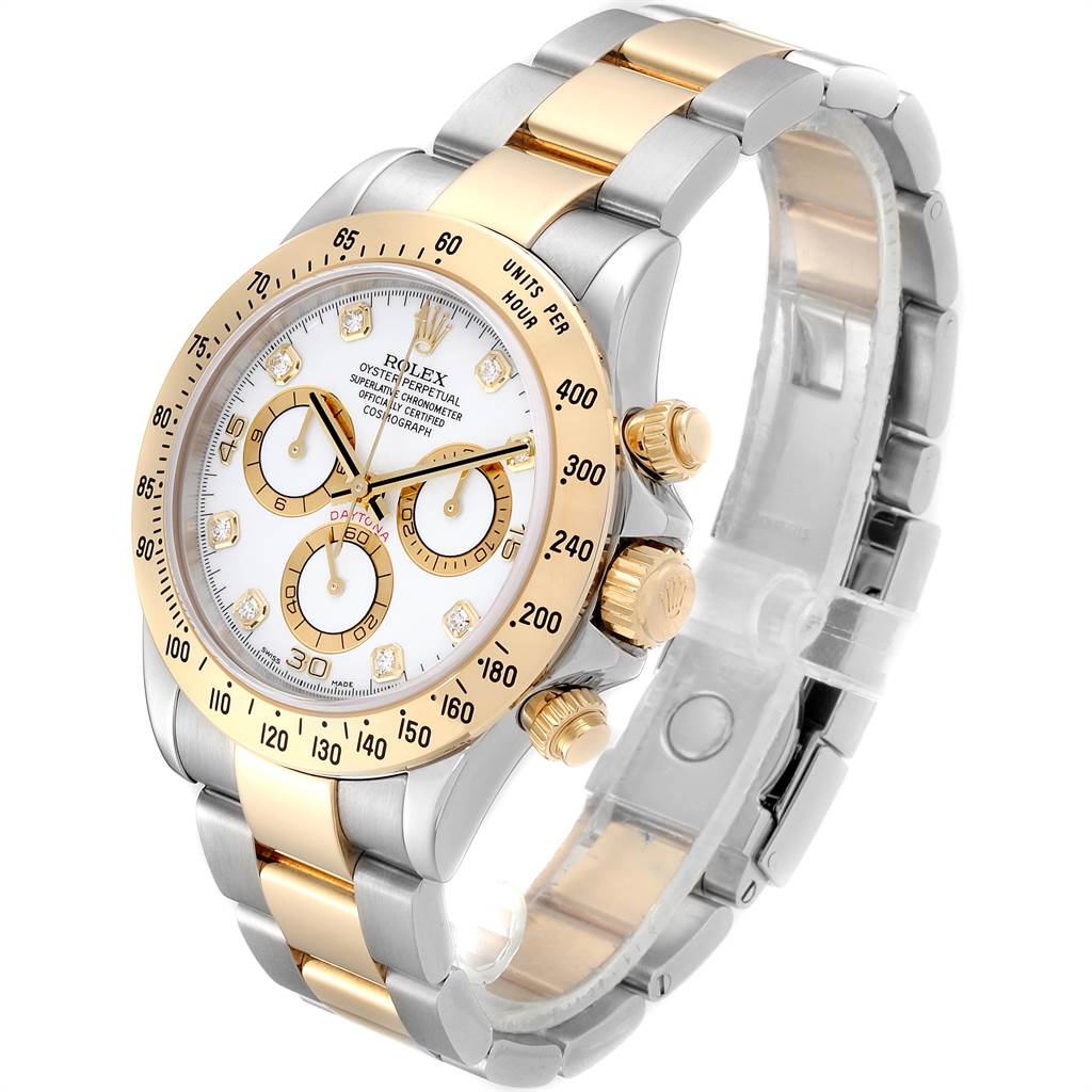 The image shows a Rolex Daytona 116523 Men's Steel and Gold (two tone) White Dial 116523 Men's Steel and Gold (two tone) White Dial watch at a slight angle, highlighting the dial, bezel, crown, and bracelet.