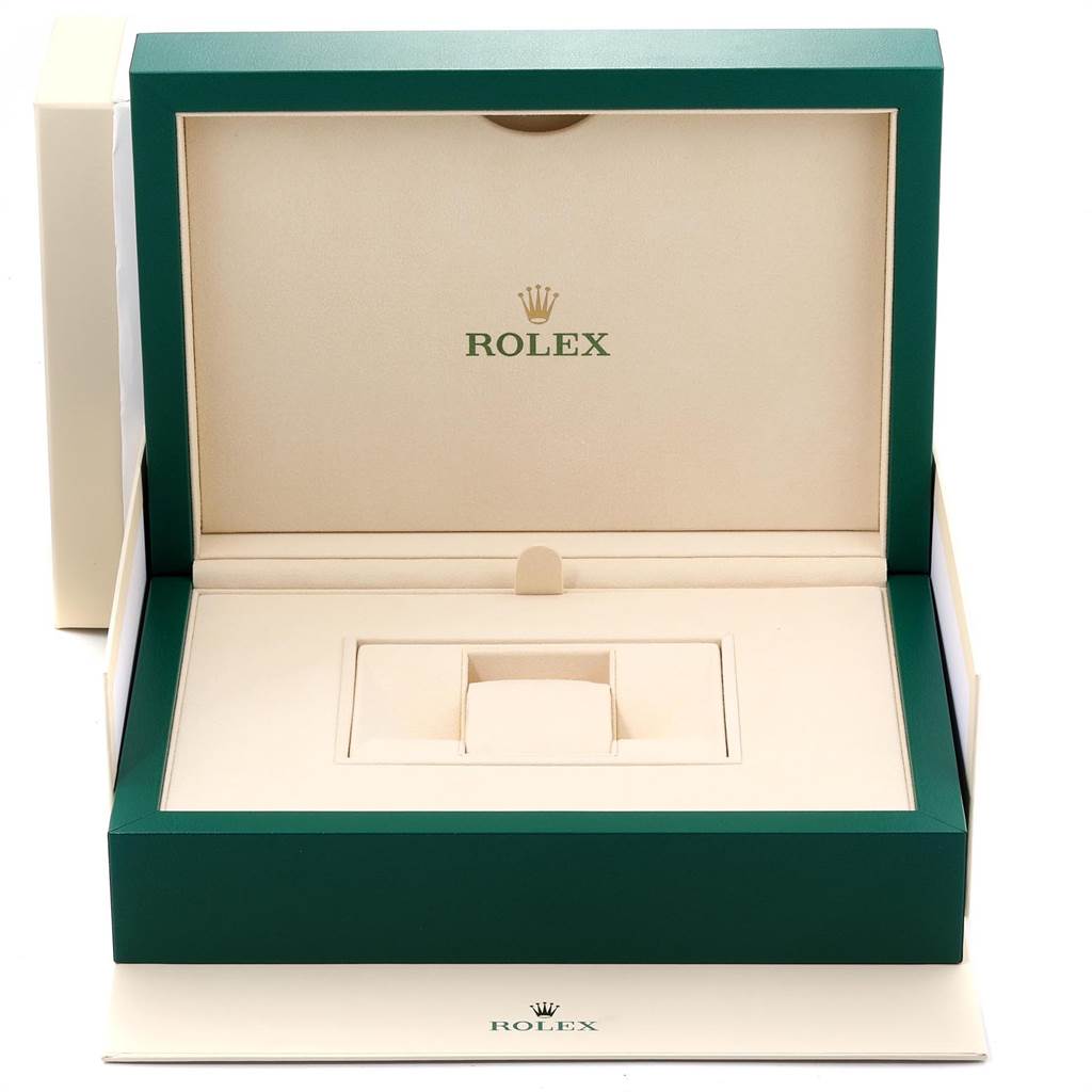 This is an open Rolex Daytona 116523 Men's Steel and Gold (two tone) White Dial 116523 Men's Steel and Gold (two tone) White Dial watch box shown from the front, featuring the brand's logo inside the lid.