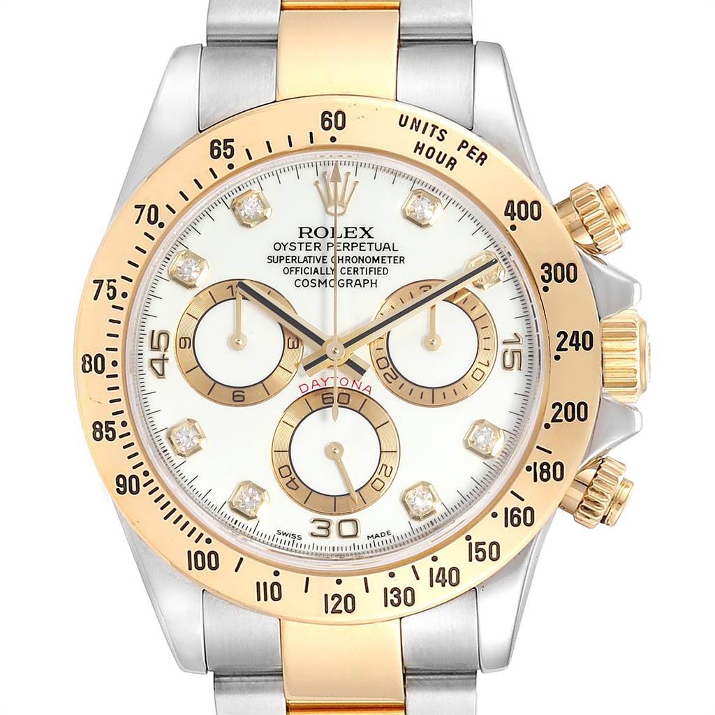 The image shows a frontal view of a Rolex Daytona 116523 Men's Steel and Gold (two tone) White Dial 116523 Men's Steel and Gold (two tone) White Dial watch, displaying its face, bezel, and chronograph dials.