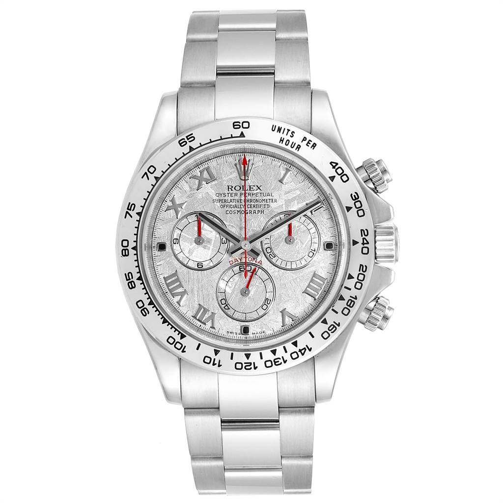 This image shows a front view of the Rolex Daytona 116509 Men's White Gold Silver Dial 116509 Men's White Gold Silver Dial watch, displaying its dial, bezel, and bracelet.