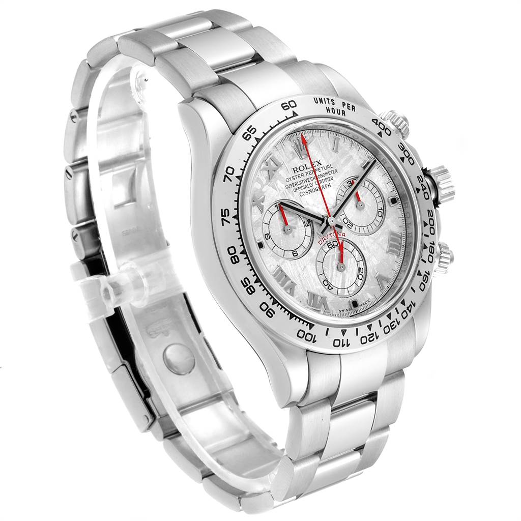 The image shows a side view of a Rolex Daytona 116509 Men's White Gold Silver Dial 116509 Men's White Gold Silver Dial watch, highlighting the bracelet, bezel, and chronograph dials.