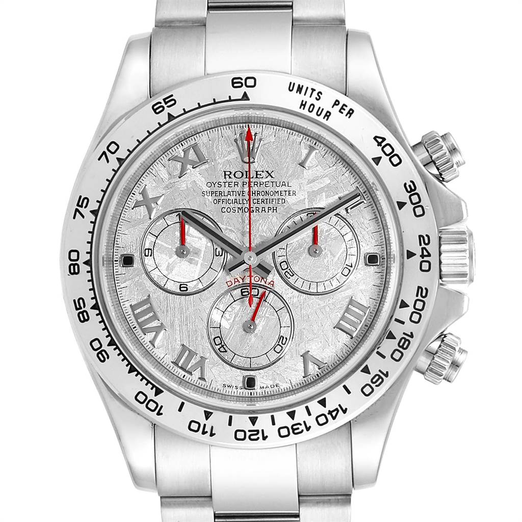 This image shows a front view of a Rolex Daytona 116509 Men's White Gold Silver Dial 116509 Men's White Gold Silver Dial watch, highlighting the dial, bezel, subdials, and bracelet.